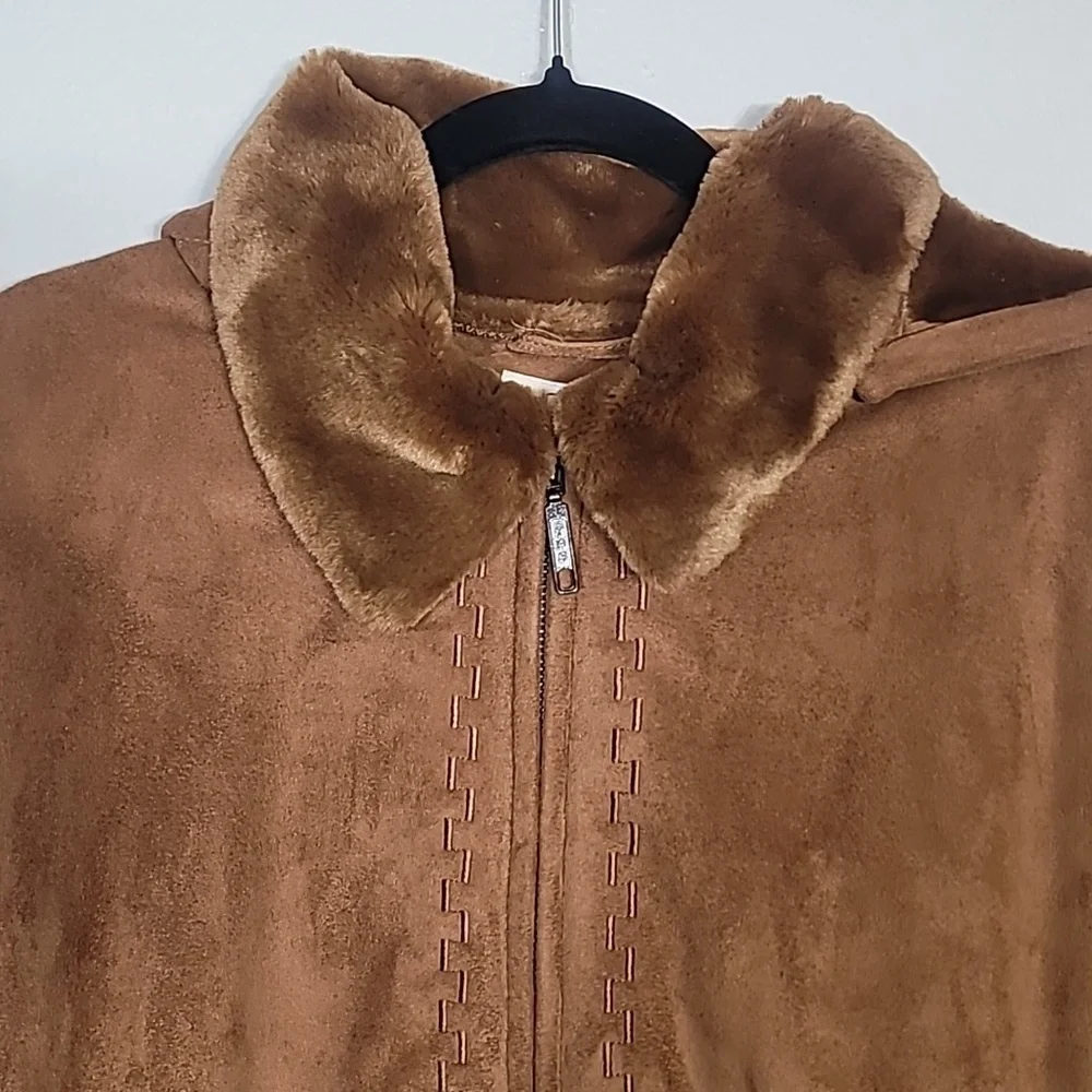 Y2K Cato Women Faux Fur Penny Lane Coat Size 18/22 L/XL Hood Brown Zip Suede 90s